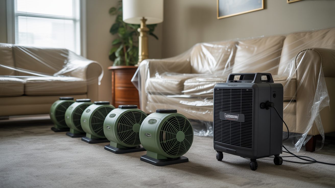 Commercial water damage equipment staged inside a Raleigh home